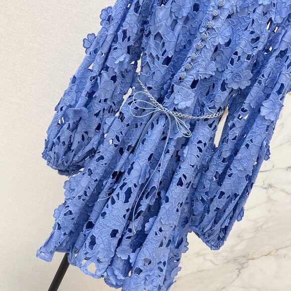 Zimmermann Blue Lace Mini Dress Long Sleeve Floral Lace Belted Dress - Picture 7 of 9